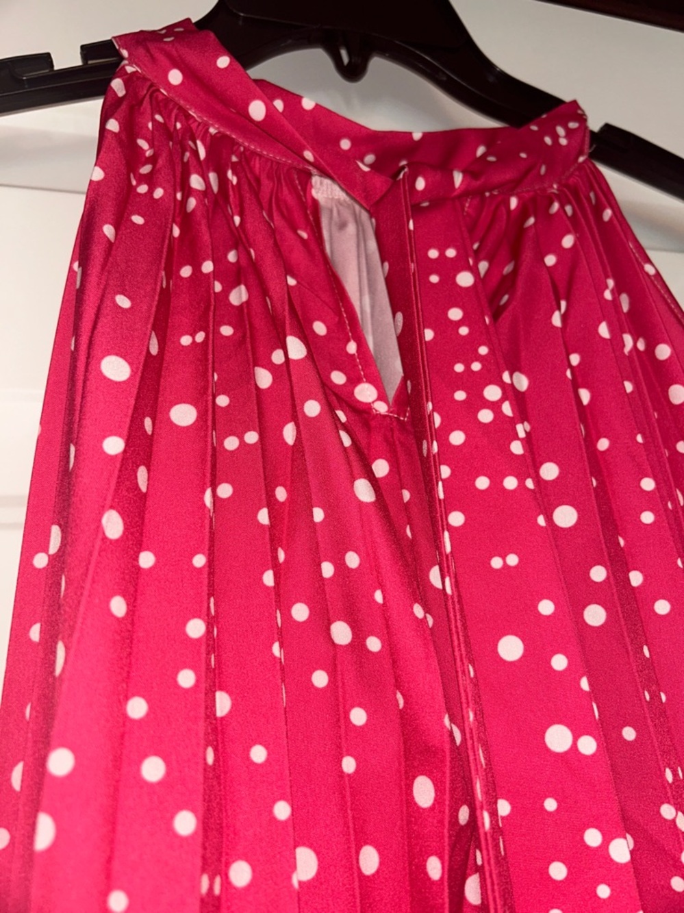 Polka Dot Halter A-Line Dress L Bubble Gum Pink NWOT Barbie Pleated Loose Flirty - Picture 5 of 8